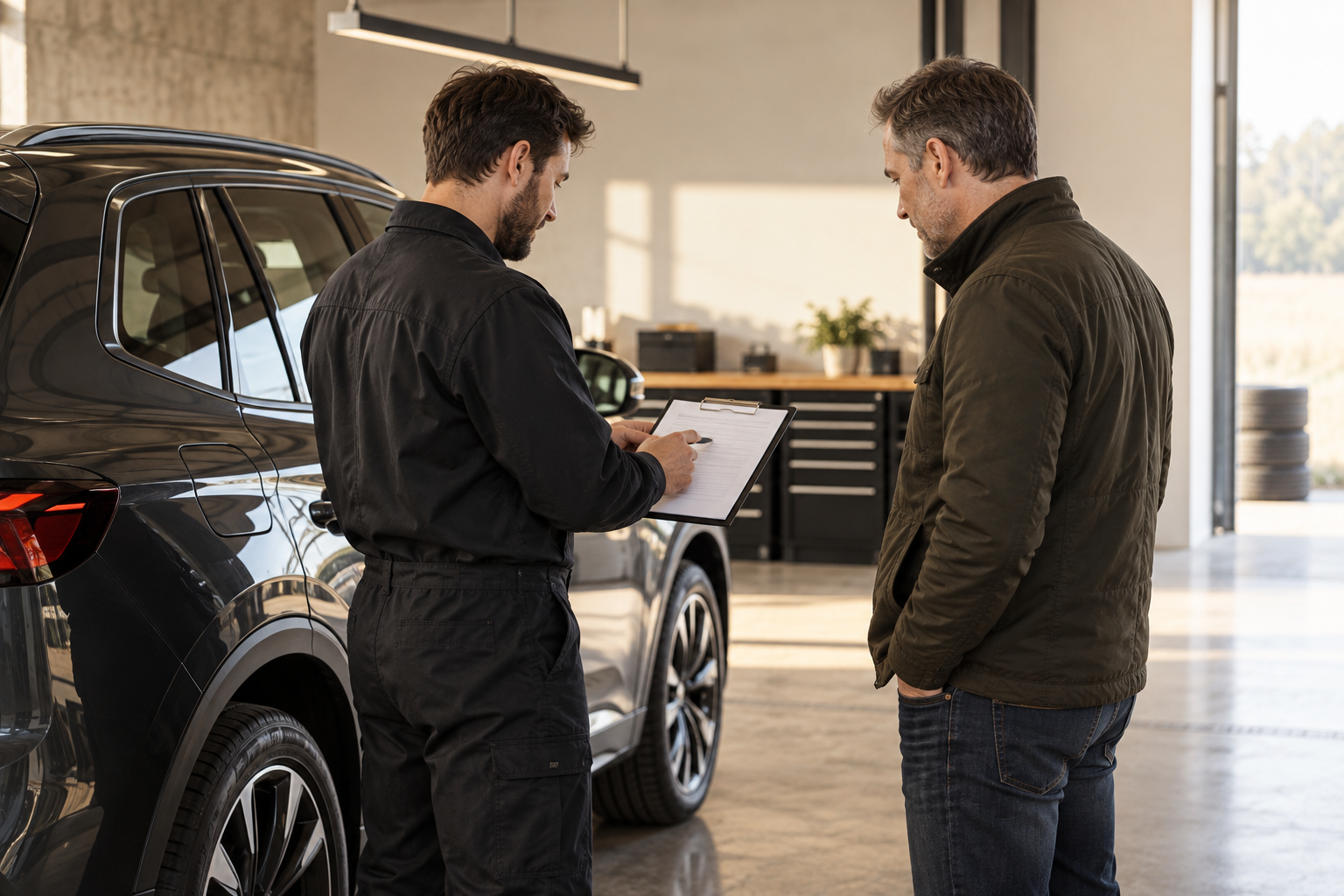 Vehicle specialist and client discussing a vehicle in a clean workshop